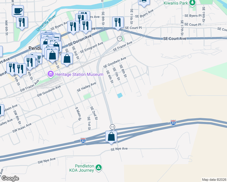 map of restaurants, bars, coffee shops, grocery stores, and more near 813 Southeast 6th Street in Pendleton