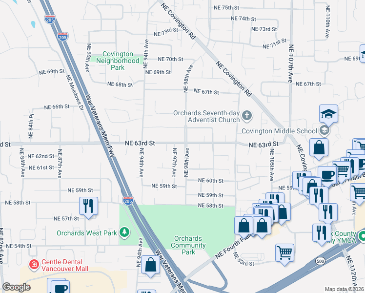map of restaurants, bars, coffee shops, grocery stores, and more near 6216 Northeast 98th Avenue in Vancouver