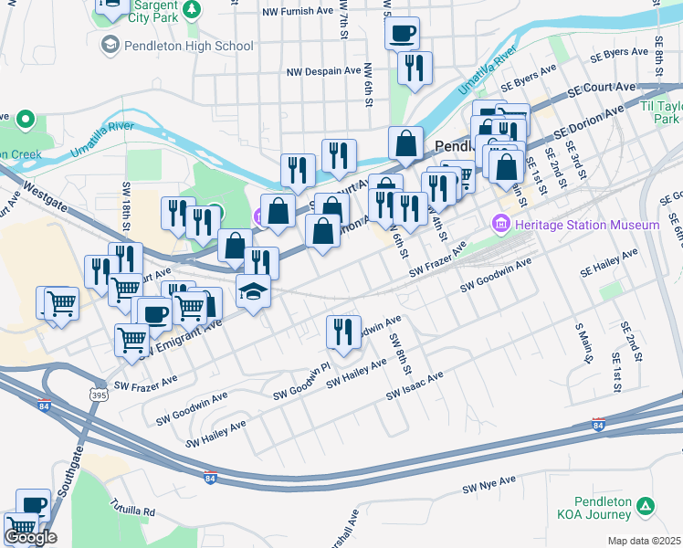 map of restaurants, bars, coffee shops, grocery stores, and more near 420 Southwest 9th Street in Pendleton