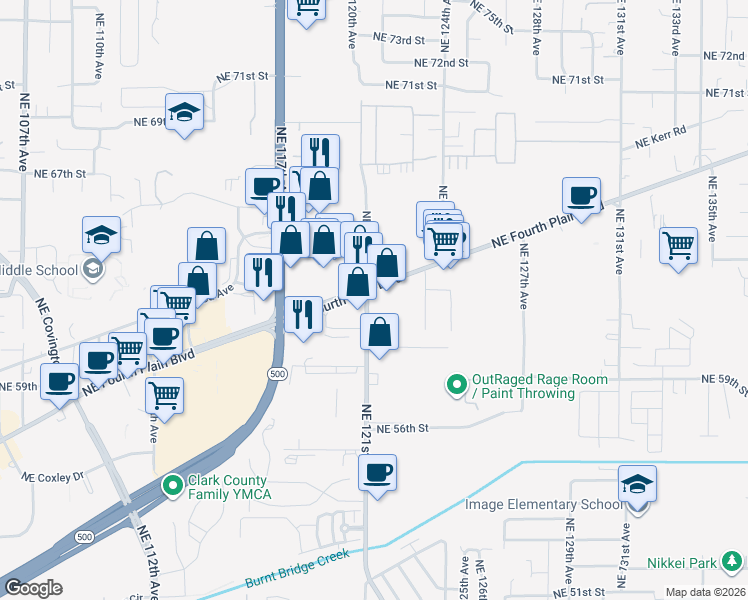 map of restaurants, bars, coffee shops, grocery stores, and more near 6209 Northeast 121st Avenue in Vancouver