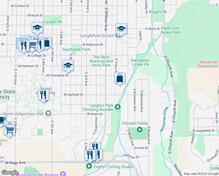 map of restaurants, bars, coffee shops, grocery stores, and more near 1115 South Willson Avenue in Bozeman