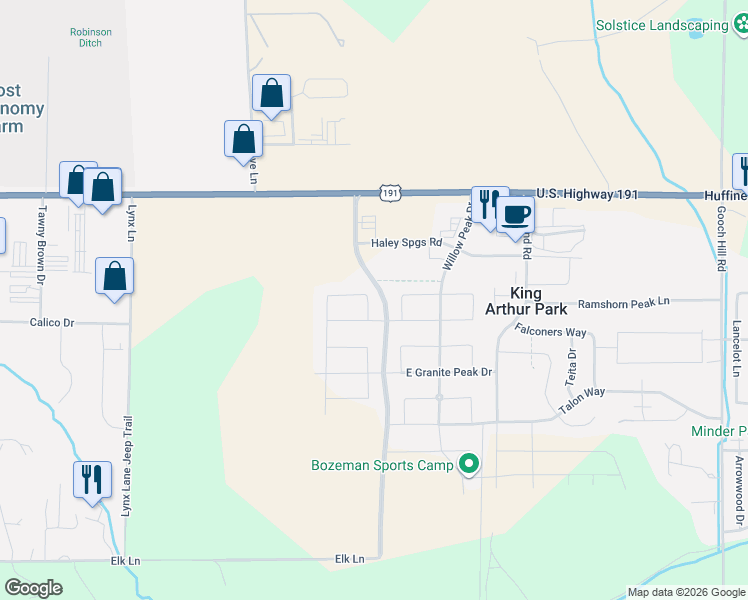 map of restaurants, bars, coffee shops, grocery stores, and more near 107 Red Rock Court in Bozeman