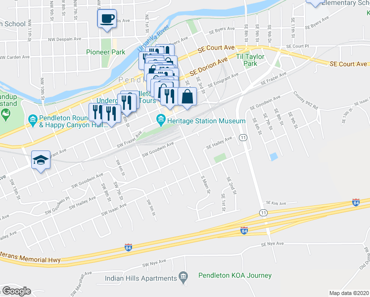 map of restaurants, bars, coffee shops, grocery stores, and more near 624 Southwest 1st Street in Pendleton