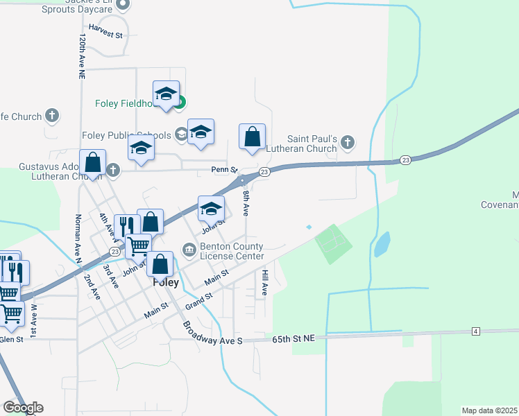 map of restaurants, bars, coffee shops, grocery stores, and more near 250 8th Avenue in Foley