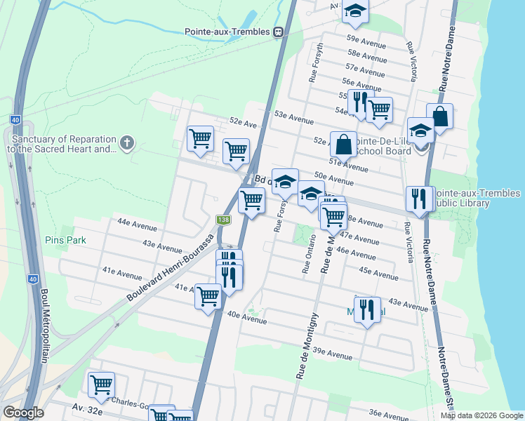 map of restaurants, bars, coffee shops, grocery stores, and more near 2039 47e Avenue in Montréal
