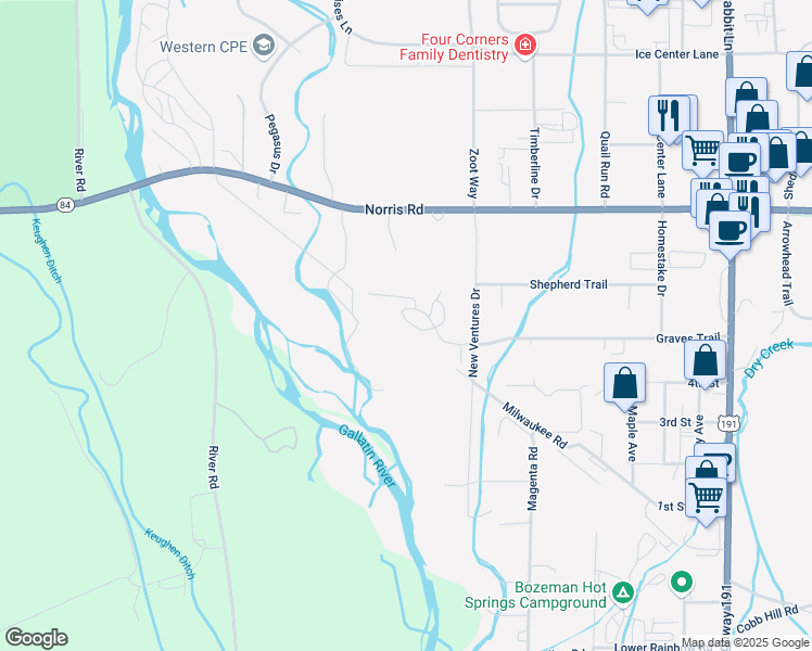 map of restaurants, bars, coffee shops, grocery stores, and more near 15 Locomotive Loop in Bozeman