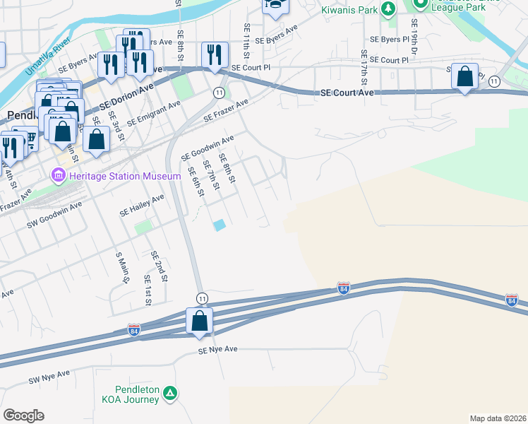 map of restaurants, bars, coffee shops, grocery stores, and more near 935 Southeast 9th Street in Pendleton