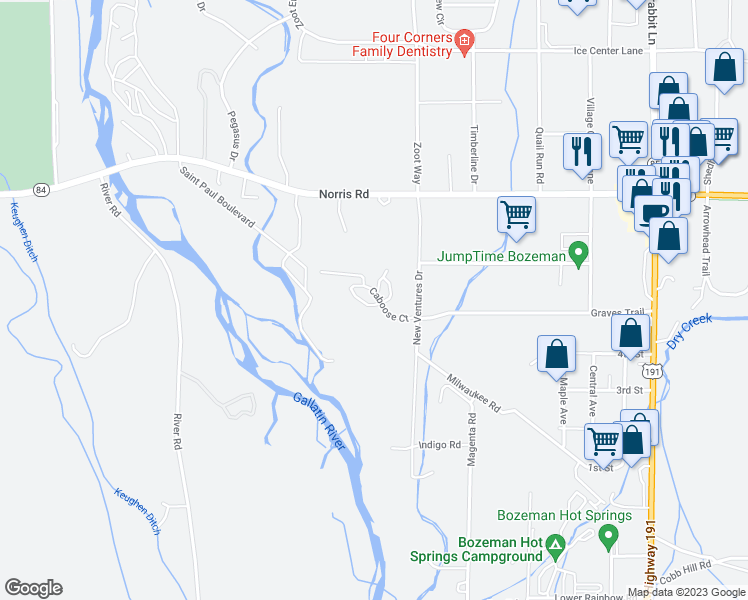 map of restaurants, bars, coffee shops, grocery stores, and more near 15 Locomotive Loop in Bozeman