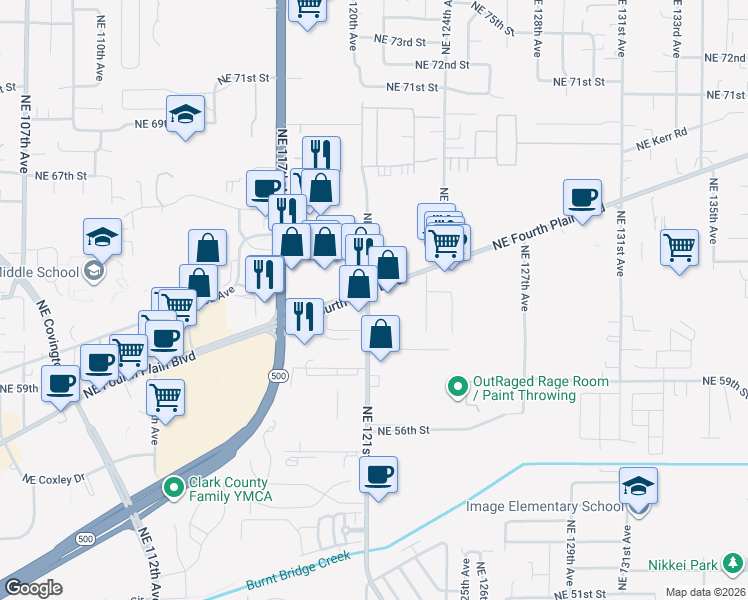 map of restaurants, bars, coffee shops, grocery stores, and more near 6209 Northeast 121st Avenue in Vancouver