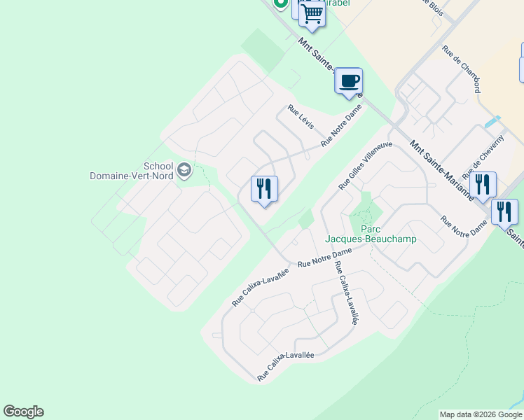 map of restaurants, bars, coffee shops, grocery stores, and more near 11810 Rue Vaudreuil in Mirabel