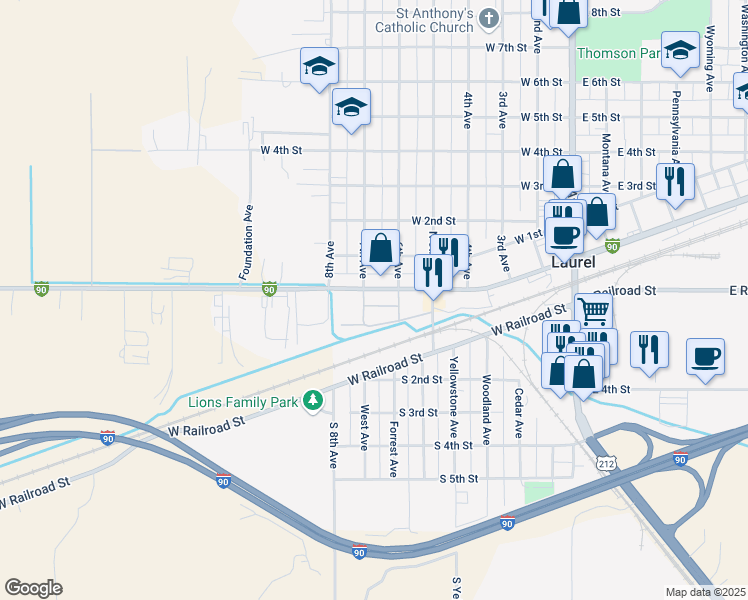 map of restaurants, bars, coffee shops, grocery stores, and more near 15 7th Ave in Laurel