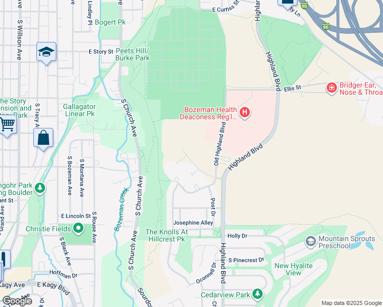 map of restaurants, bars, coffee shops, grocery stores, and more near 645-1299 Old Highland Boulevard in Bozeman