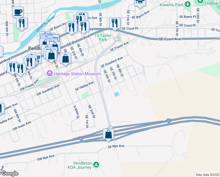 map of restaurants, bars, coffee shops, grocery stores, and more near 813 Southeast 6th Street in Pendleton