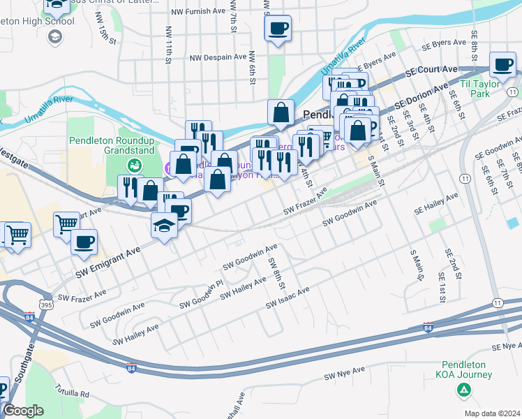map of restaurants, bars, coffee shops, grocery stores, and more near 709 Southwest Frazer Avenue in Pendleton