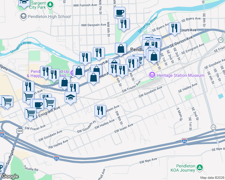 map of restaurants, bars, coffee shops, grocery stores, and more near 709 Southwest Frazer Avenue in Pendleton