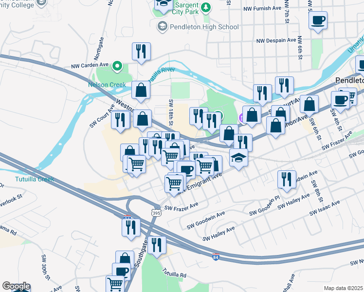 map of restaurants, bars, coffee shops, grocery stores, and more near 210 Southwest 17th Street in Pendleton