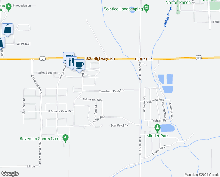 map of restaurants, bars, coffee shops, grocery stores, and more near 227 Ramshorn Peak Lane in Bozeman