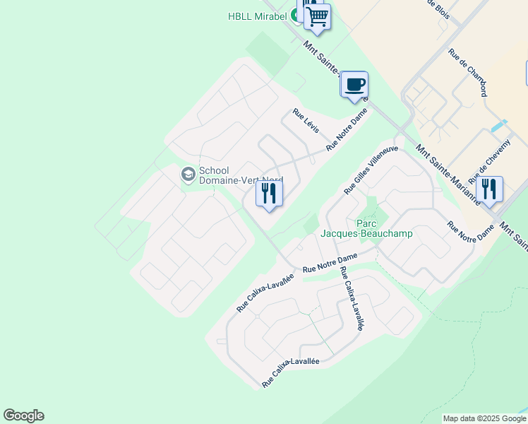map of restaurants, bars, coffee shops, grocery stores, and more near 11820 Rue Vaudreuil in Mirabel