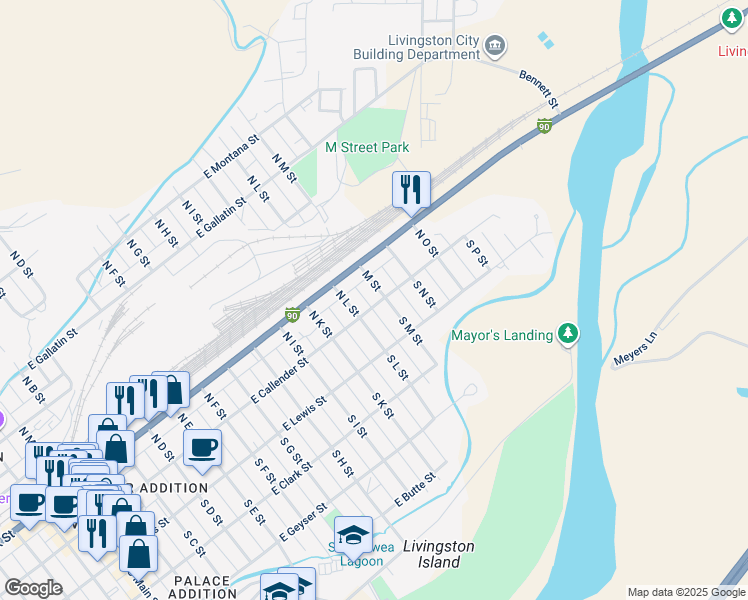 map of restaurants, bars, coffee shops, grocery stores, and more near 113 S L St in Livingston