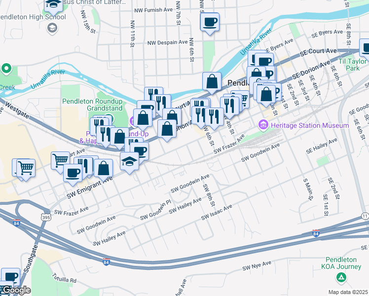map of restaurants, bars, coffee shops, grocery stores, and more near 420 Southwest 9th Street in Pendleton