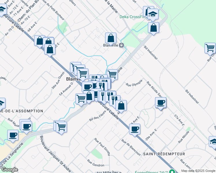 map of restaurants, bars, coffee shops, grocery stores, and more near 55 48 Avenue East in Blainville