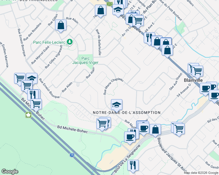 map of restaurants, bars, coffee shops, grocery stores, and more near 140 Rue Marie Chapleau in Blainville