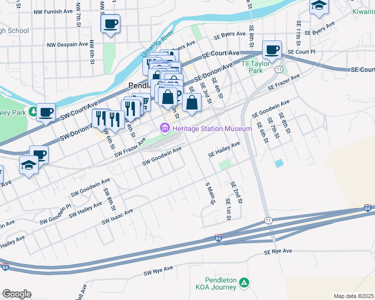 map of restaurants, bars, coffee shops, grocery stores, and more near 624 Southwest 1st Street in Pendleton