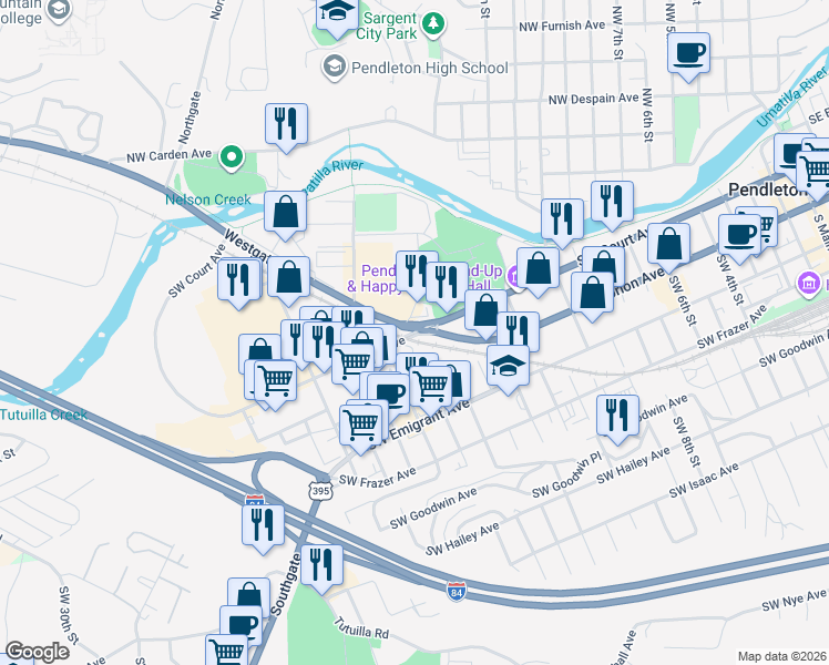 map of restaurants, bars, coffee shops, grocery stores, and more near 210 Southwest 17th Street in Pendleton