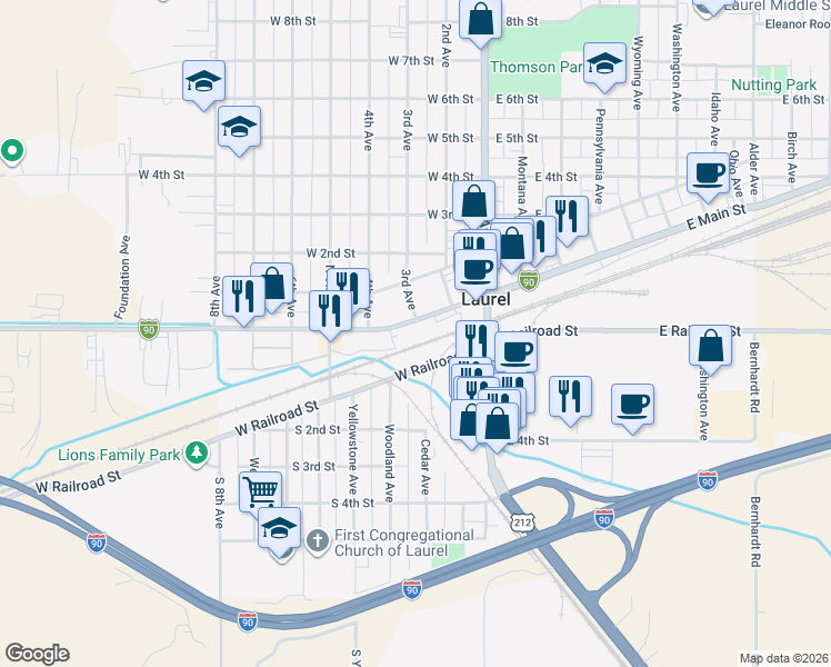 map of restaurants, bars, coffee shops, grocery stores, and more near 124 West Railroad Street in Laurel