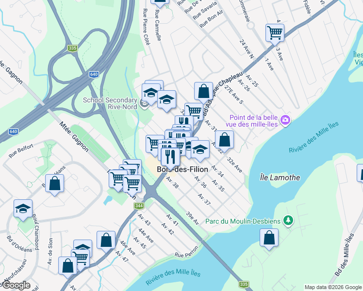 map of restaurants, bars, coffee shops, grocery stores, and more near 401 Boulevard Adolphe-Chapleau in Bois-des-Filion