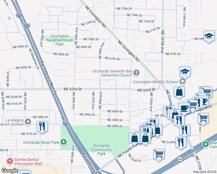 map of restaurants, bars, coffee shops, grocery stores, and more near 9818 Northeast 63rd Street in Vancouver