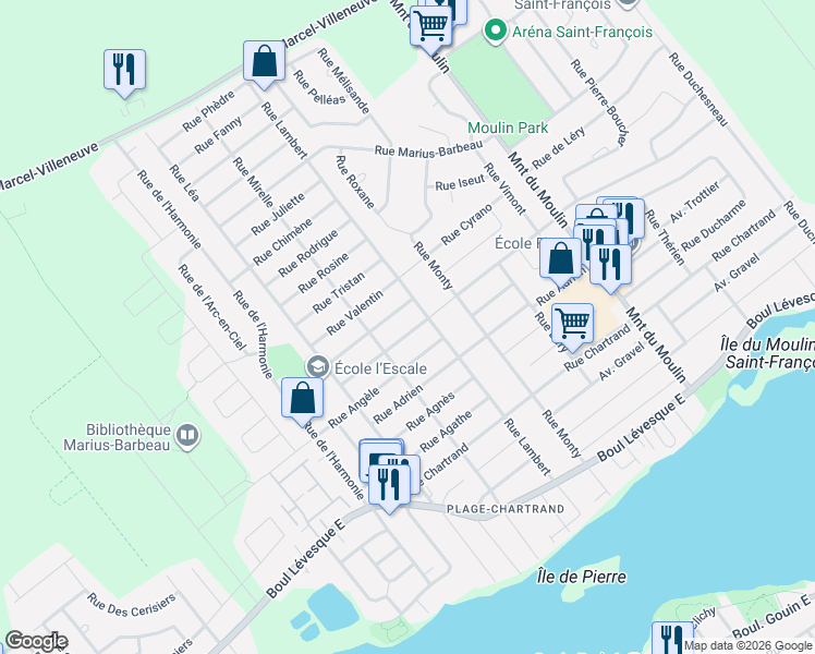 map of restaurants, bars, coffee shops, grocery stores, and more near 8255 Rue Romain in Laval