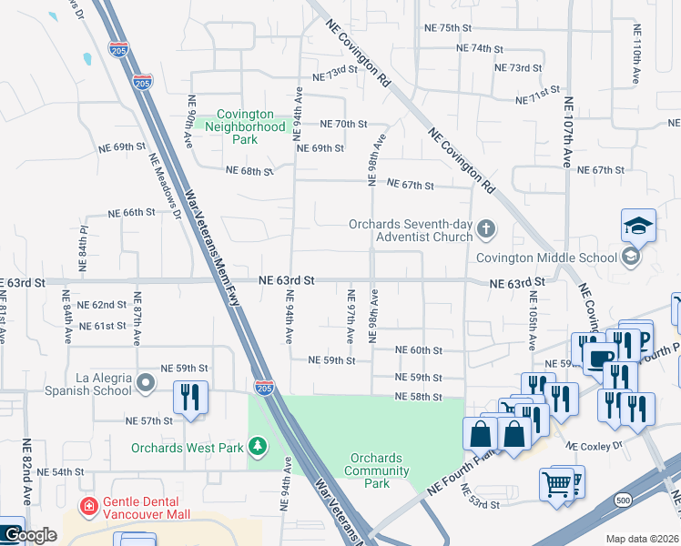 map of restaurants, bars, coffee shops, grocery stores, and more near 9608 Northeast 64th Street in Vancouver