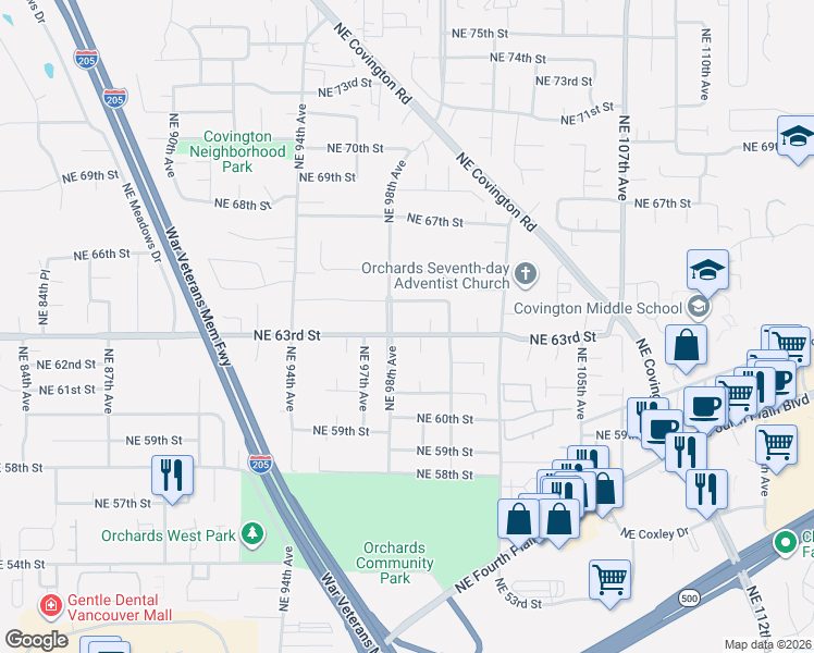 map of restaurants, bars, coffee shops, grocery stores, and more near 6411 Northeast 98th Avenue in Vancouver