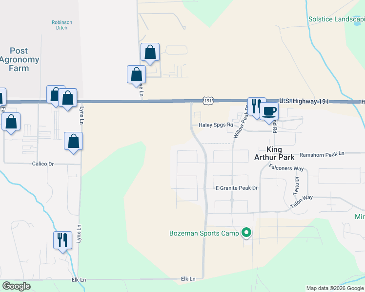 map of restaurants, bars, coffee shops, grocery stores, and more near 56 Rowland Road in Bozeman