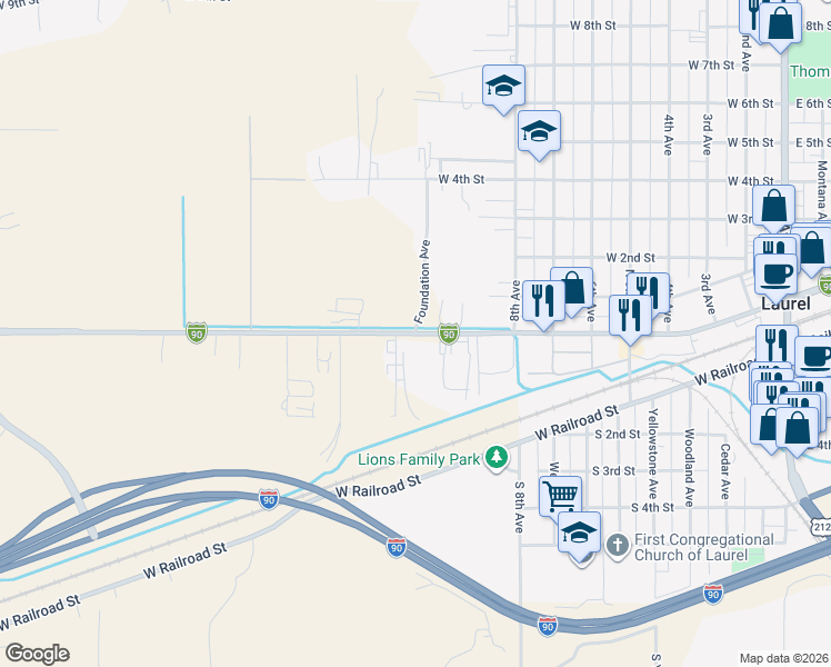 map of restaurants, bars, coffee shops, grocery stores, and more near 1112 Old U.S. 10 in Laurel