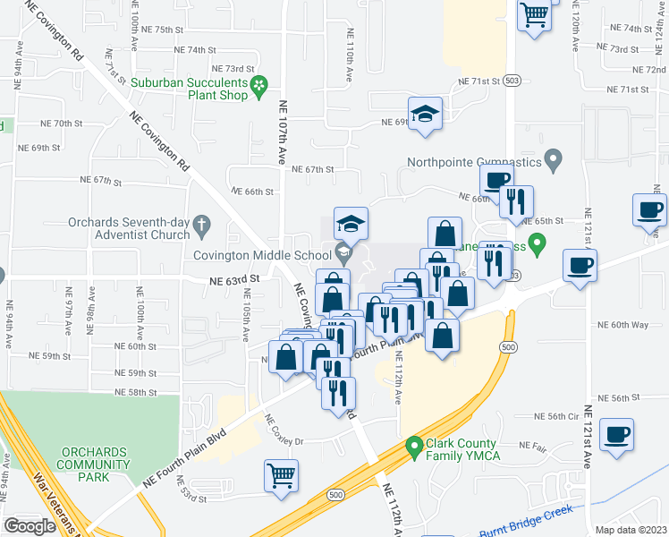 map of restaurants, bars, coffee shops, grocery stores, and more near 11200 Northeast Rosewood Avenue in Vancouver