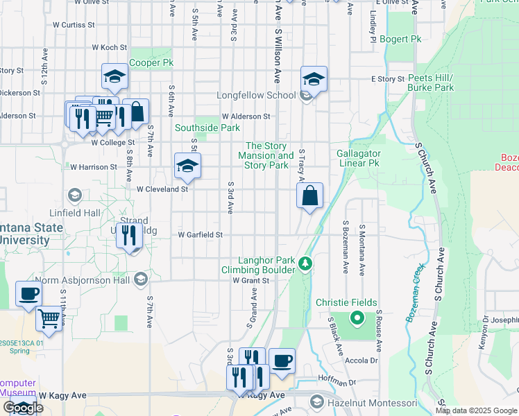 map of restaurants, bars, coffee shops, grocery stores, and more near 1026 South Grand Avenue in Bozeman