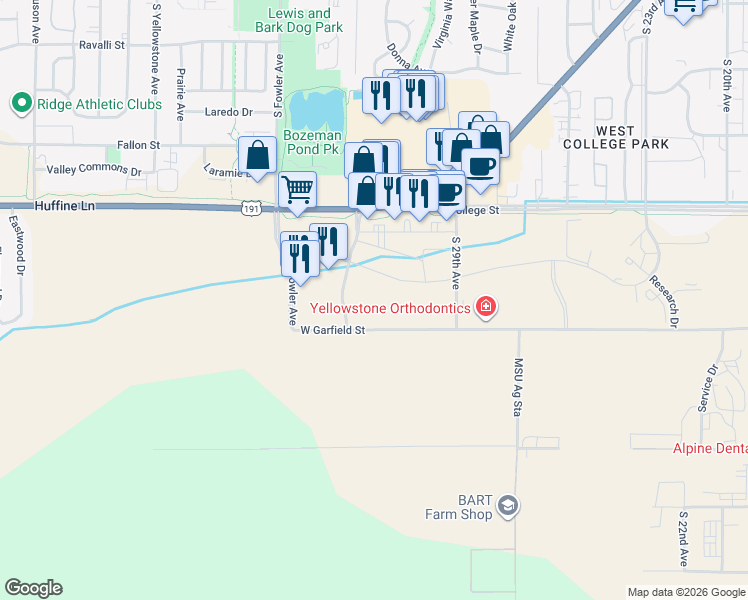 map of restaurants, bars, coffee shops, grocery stores, and more near Harmon Stream Boulevard in Bozeman