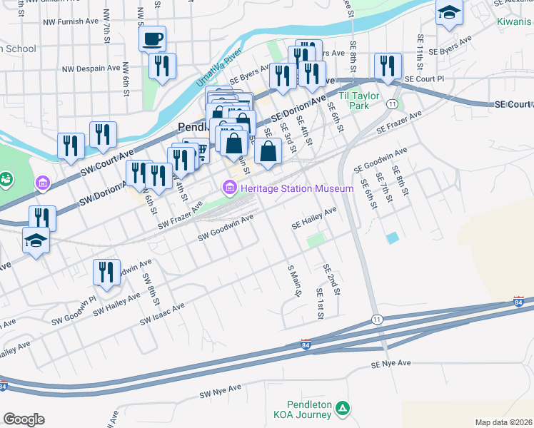map of restaurants, bars, coffee shops, grocery stores, and more near 2 Southeast Goodwin Avenue in Pendleton