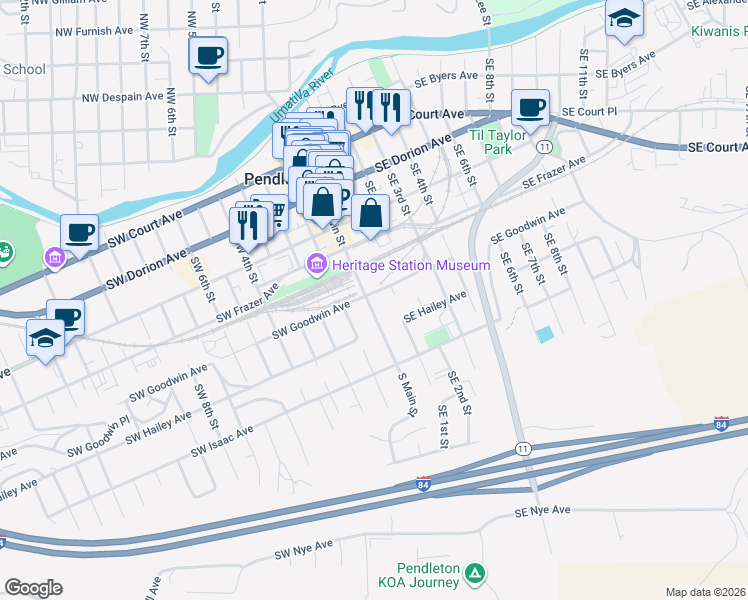 map of restaurants, bars, coffee shops, grocery stores, and more near 2 Southeast Goodwin Avenue in Pendleton