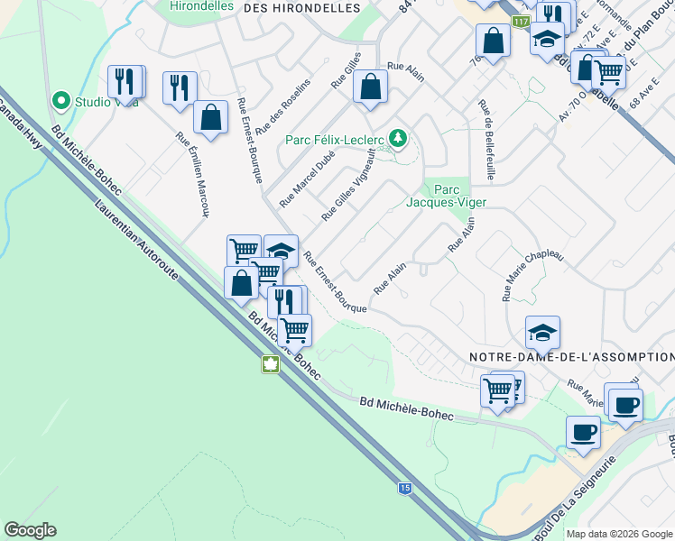 map of restaurants, bars, coffee shops, grocery stores, and more near 121 Rue Réal Benoît in Blainville
