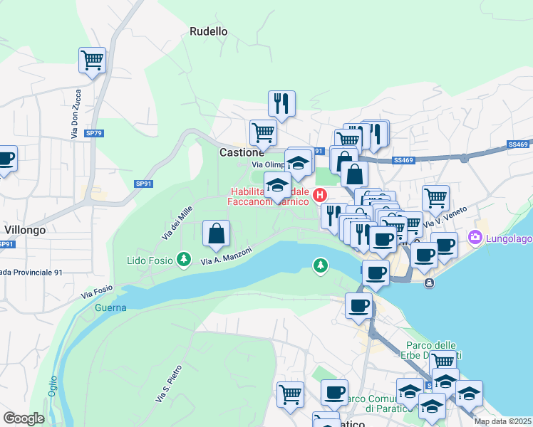 map of restaurants, bars, coffee shops, grocery stores, and more near 31 Via Cortivo in Sarnico