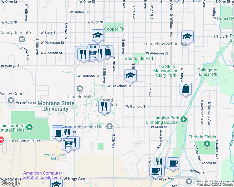 map of restaurants, bars, coffee shops, grocery stores, and more near 100 Hannon Hall in Bozeman