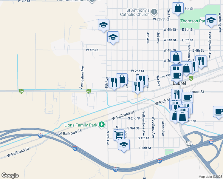 map of restaurants, bars, coffee shops, grocery stores, and more near 19 8th Avenue in Laurel