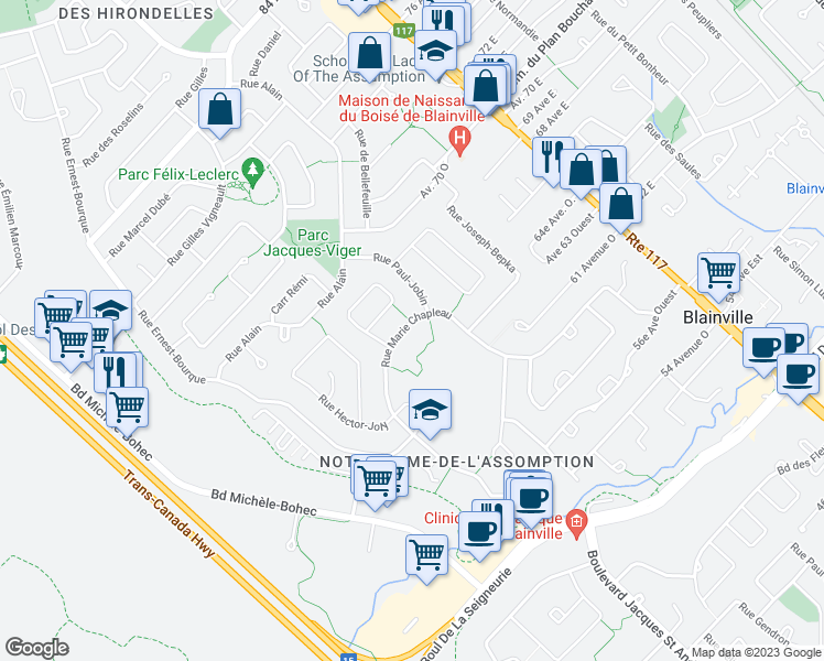map of restaurants, bars, coffee shops, grocery stores, and more near 118 Rue Marie Chapleau in Blainville