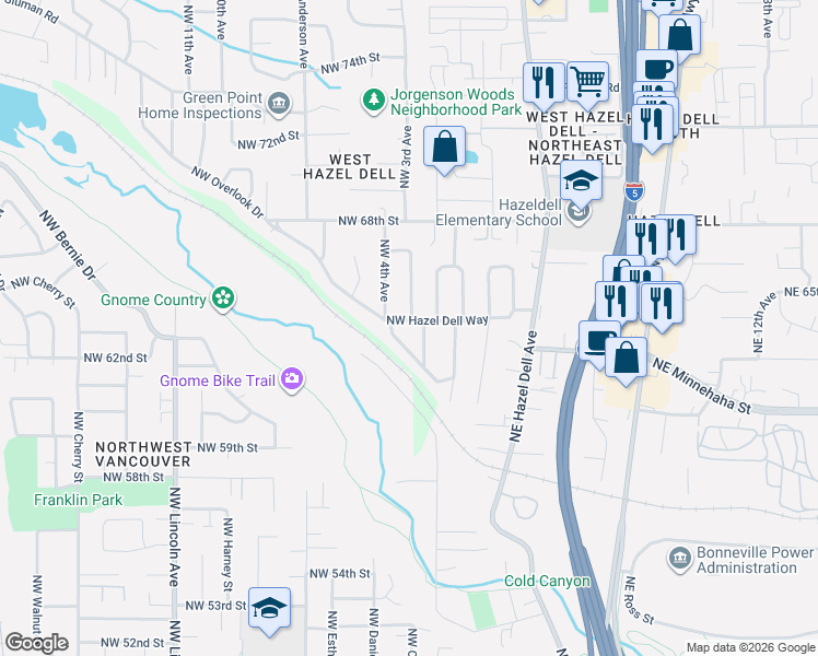 map of restaurants, bars, coffee shops, grocery stores, and more near 303 Northwest Hazel Dell Way in Vancouver