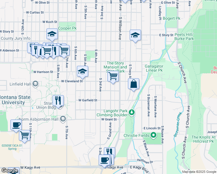map of restaurants, bars, coffee shops, grocery stores, and more near 1011 South Grand Avenue in Bozeman