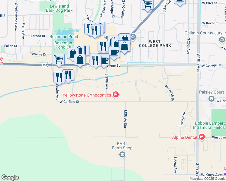 map of restaurants, bars, coffee shops, grocery stores, and more near 2880 Technology Boulevard West in Bozeman