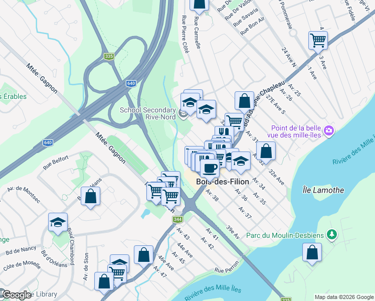 map of restaurants, bars, coffee shops, grocery stores, and more near 102 Rue Poirier in Bois-des-Filion